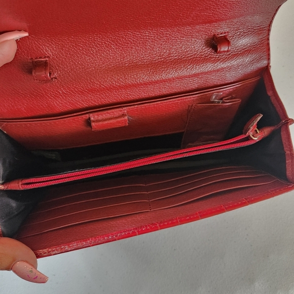 Brighton Red Leather Top Woven Handle Croc Embossed Hand Carry Clutch Purse 90s - Picture 7 of 10